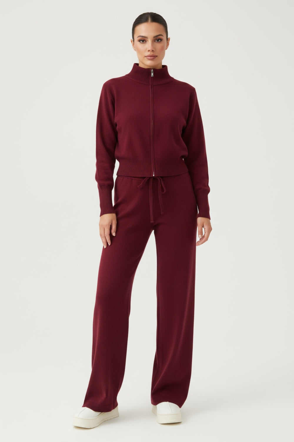 Dzianinowy Komplet Dresowy z Rozpinaną Bluzą ze Stójką | Spodnie z Szeroką Nogawką | Komfortowy Styl | Uniwersalny Look