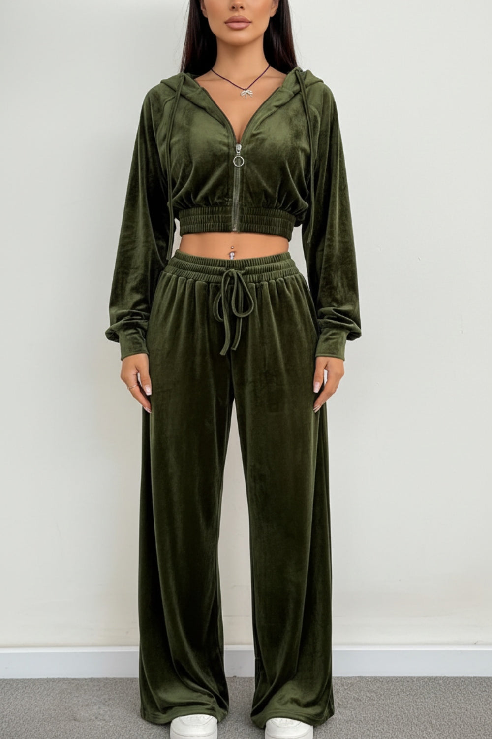 Welurowy Komplet Dresowy z Rozpinaną Bluzą z Kapturem | Szerokie Spodnie z Wysokim Stanem | Komfortowy Styl | Nowoczesny Look