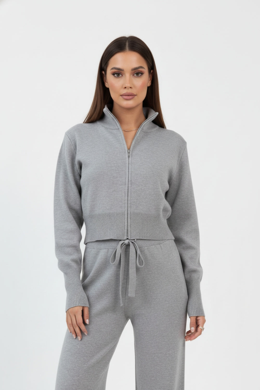 Dzianinowy Komplet Dresowy z Rozpinaną Bluzą ze Stójką | Spodnie z Szeroką Nogawką | Komfortowy Styl | Uniwersalny Look