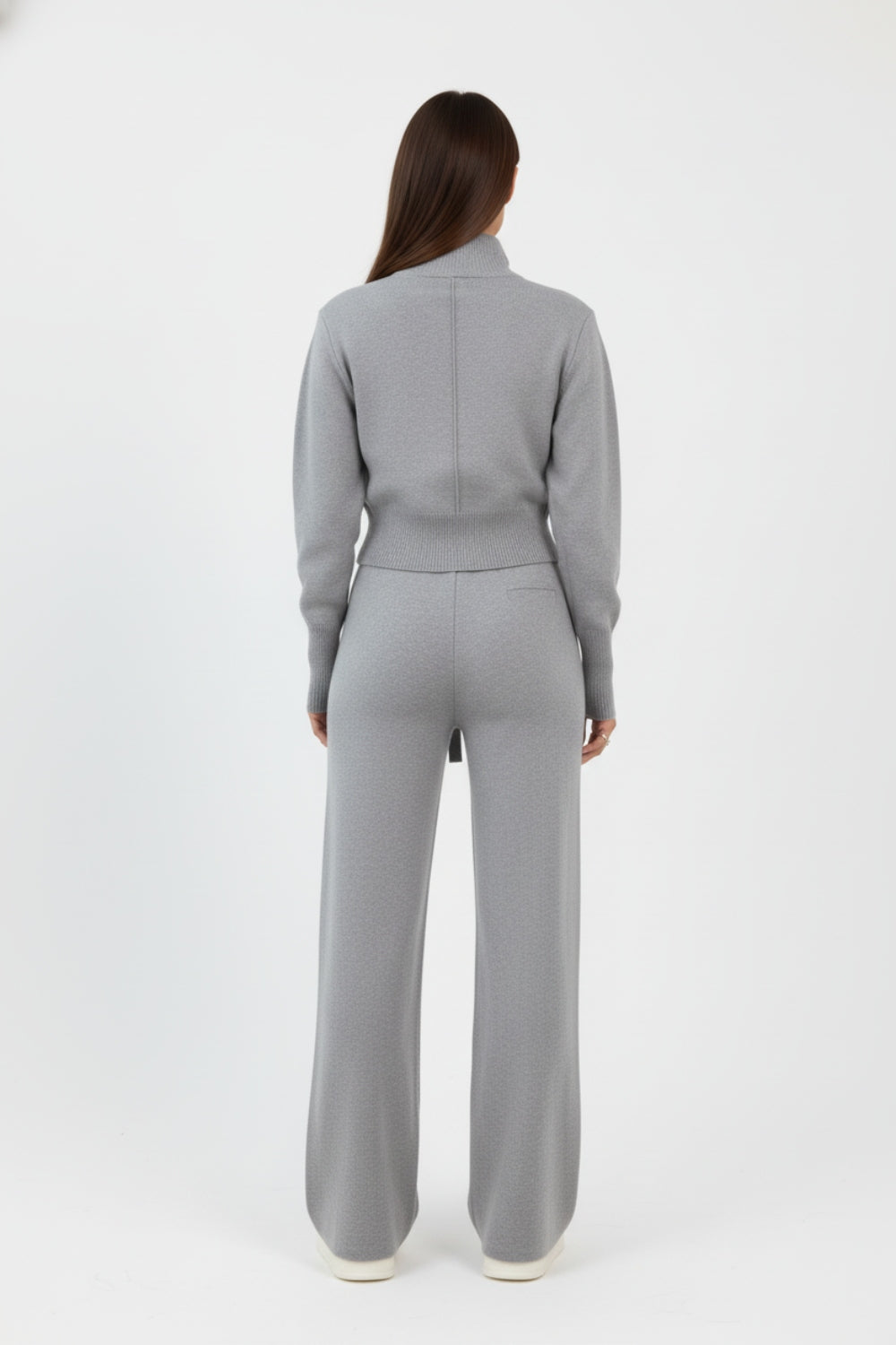 Dzianinowy Komplet Dresowy z Rozpinaną Bluzą ze Stójką | Spodnie z Szeroką Nogawką | Komfortowy Styl | Uniwersalny Look