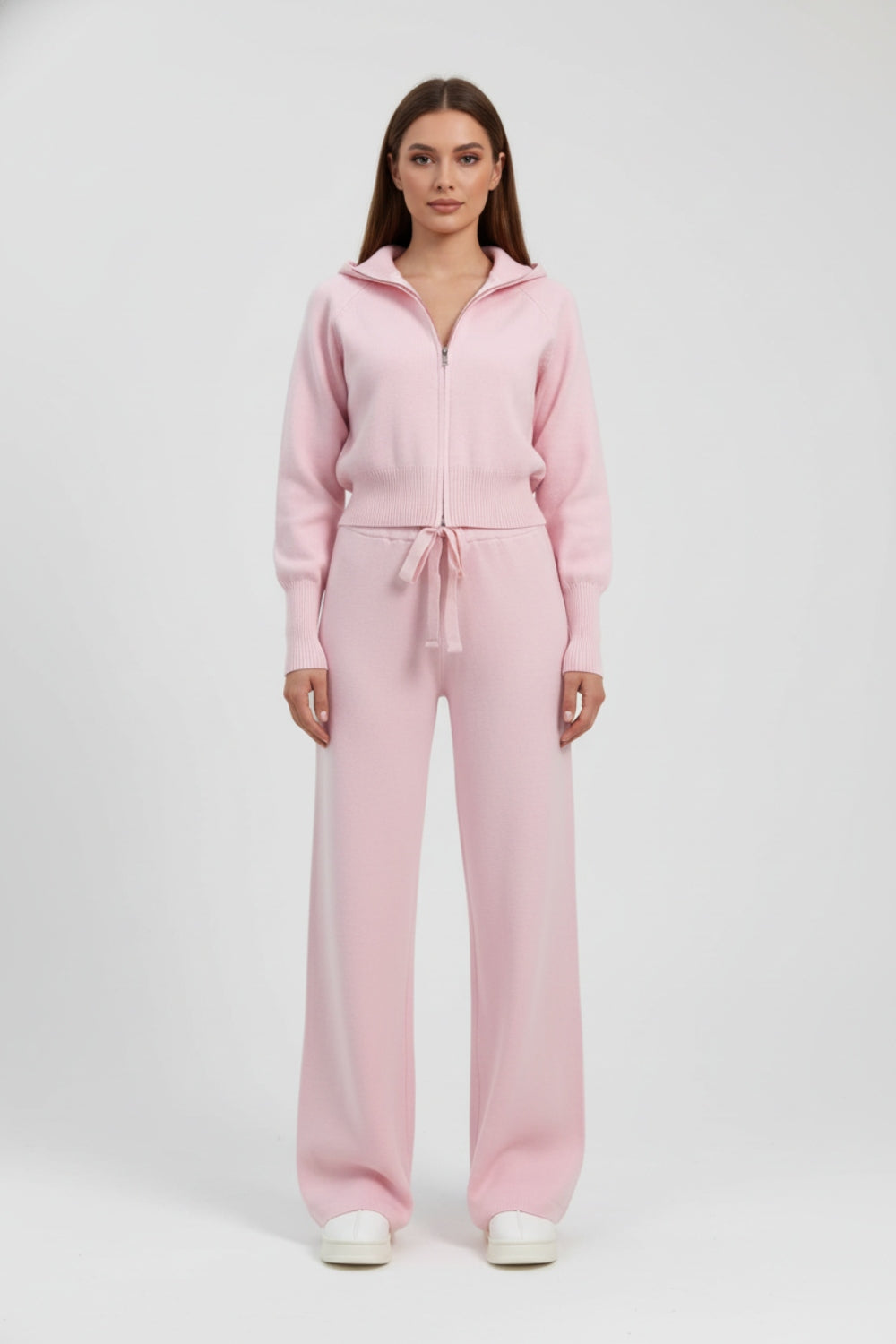 Dzianinowy Komplet Dresowy z Rozpinaną Bluzą ze Stójką | Spodnie z Szeroką Nogawką | Komfortowy Styl | Uniwersalny Look