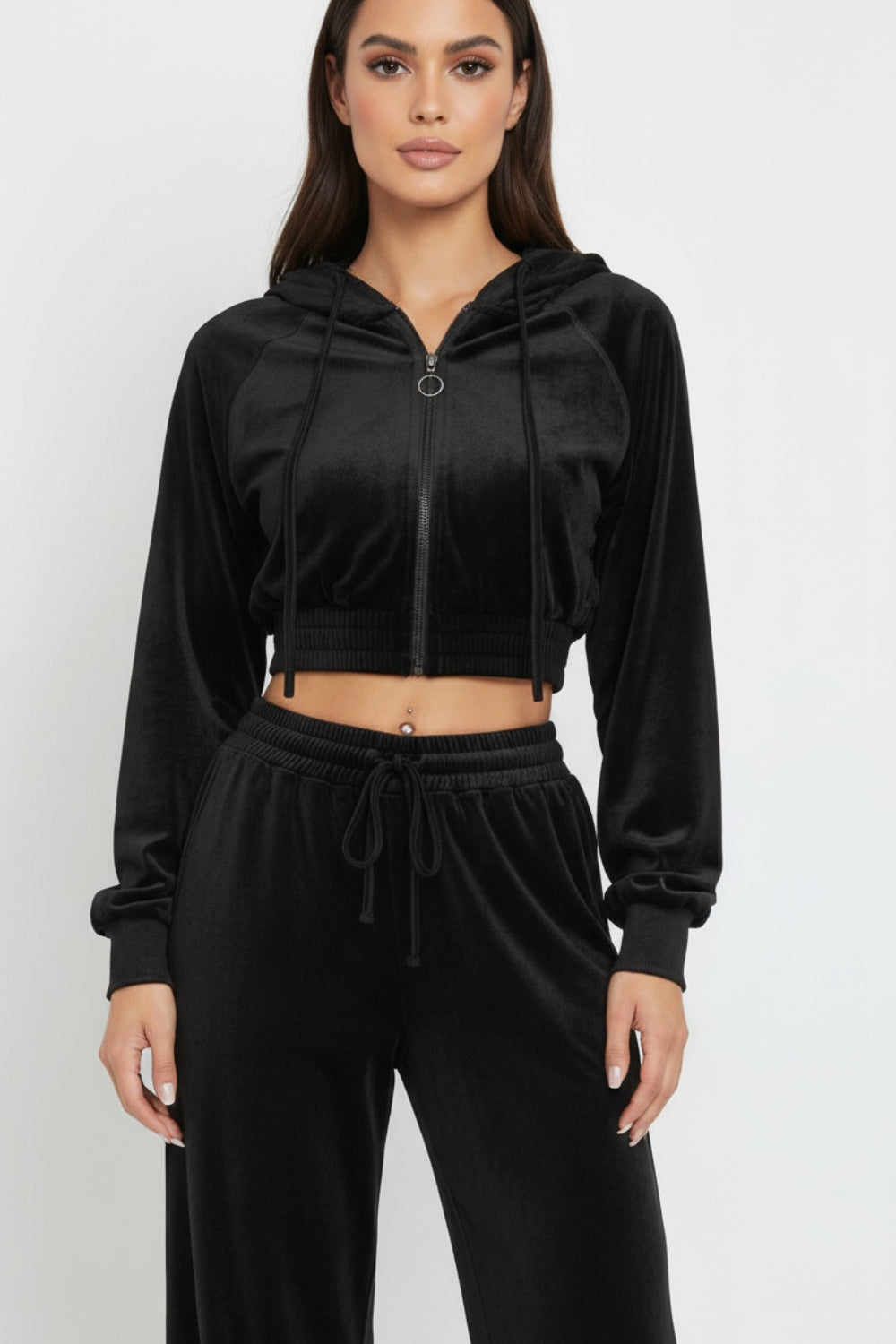 Welurowy Komplet Dresowy z Rozpinaną Bluzą z Kapturem | Szerokie Spodnie z Wysokim Stanem | Komfortowy Styl | Nowoczesny Look