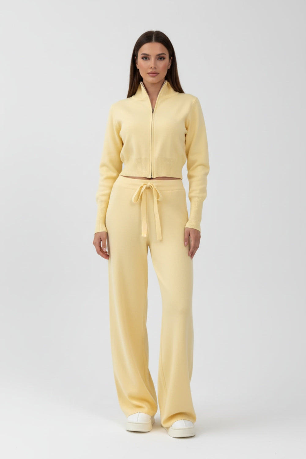 Dzianinowy Komplet Dresowy z Rozpinaną Bluzą ze Stójką | Spodnie z Szeroką Nogawką | Komfortowy Styl | Uniwersalny Look