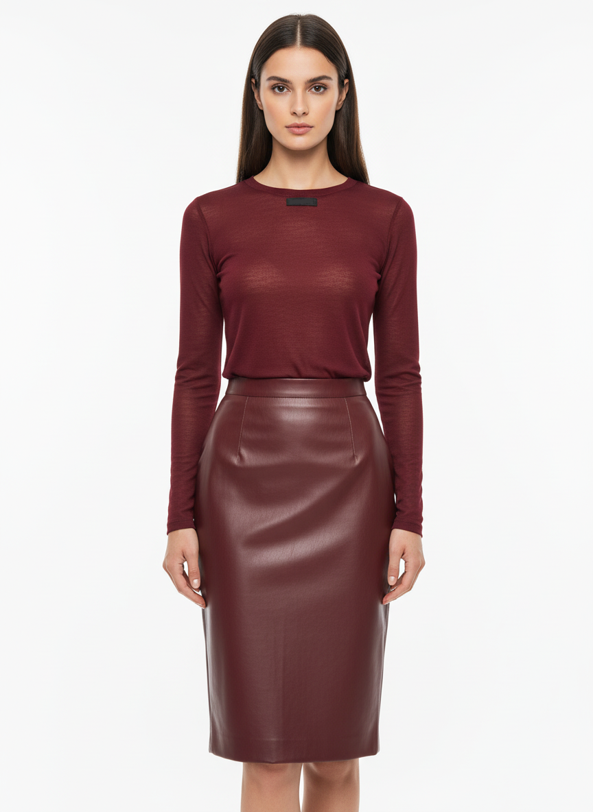 Bordowa Długa Spódnica z Eko Skóry | Prosty Krój | Elegancki Styl | Uniwersalny Look