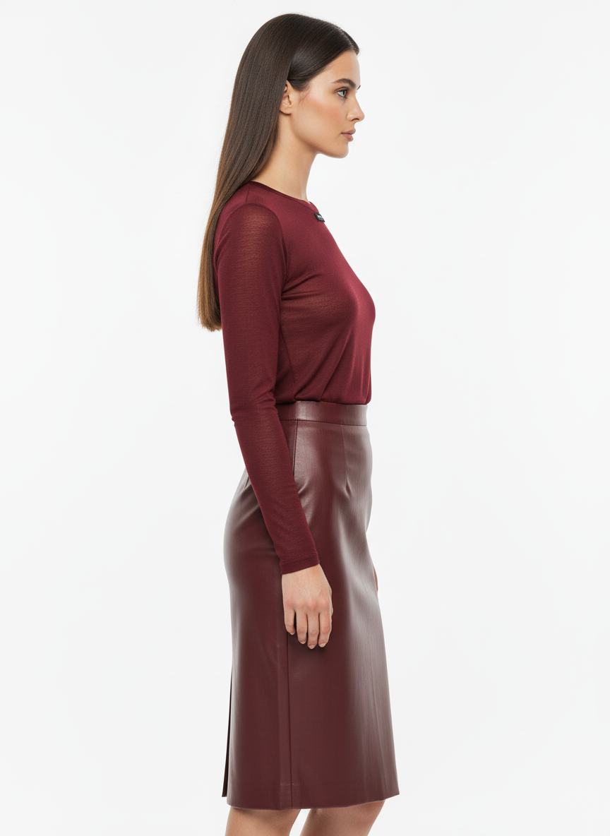 Bordowa Długa Spódnica z Eko Skóry | Prosty Krój | Elegancki Styl | Uniwersalny Look
