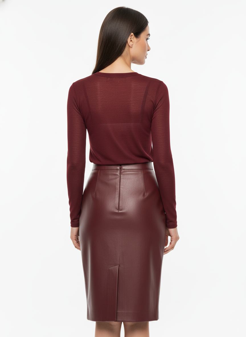 Bordowa Długa Spódnica z Eko Skóry | Prosty Krój | Elegancki Styl | Uniwersalny Look