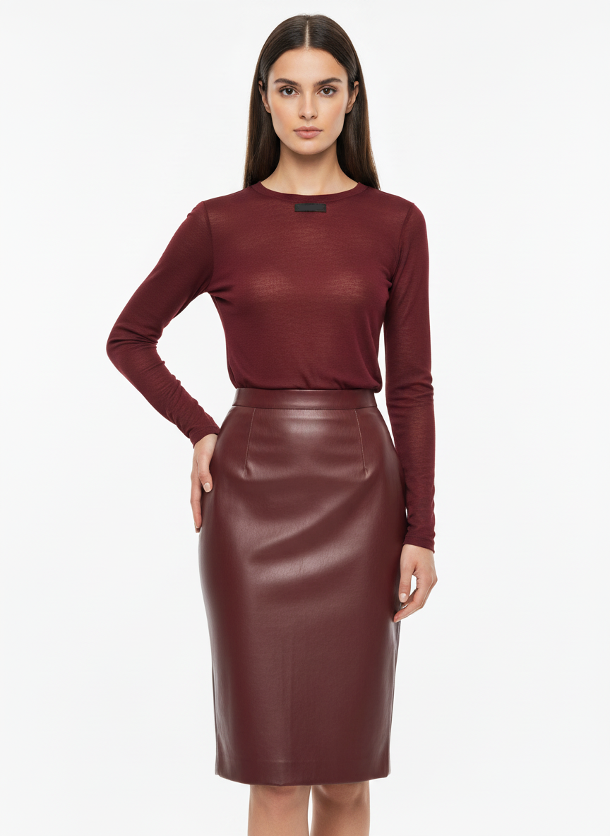 Bordowa Długa Spódnica z Eko Skóry | Prosty Krój | Elegancki Styl | Uniwersalny Look