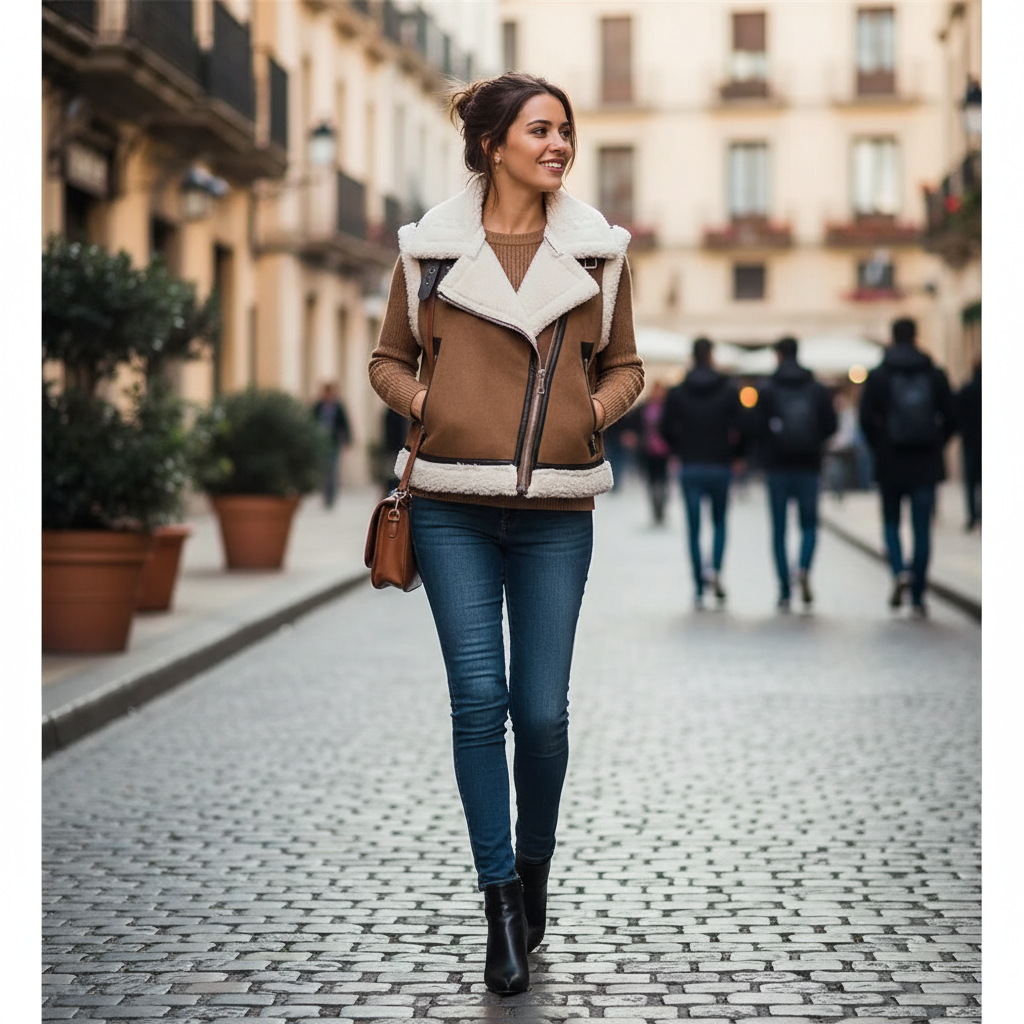 Lifestyle foto bruin leren vest met ritszakken