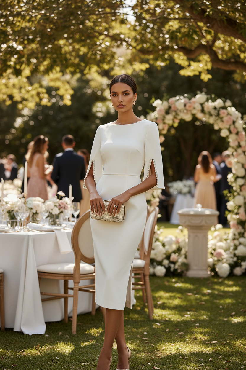 Lifestyle foto witte midi jurk met parel cape mouwen