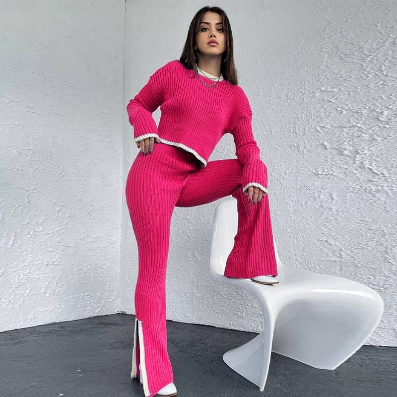 Elvaris | Dzianinowy komplet z krótkim swetrem i spodniami z szeroką nogawką