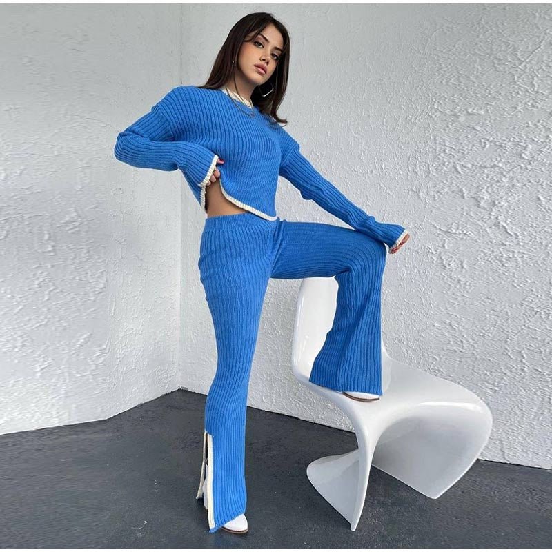 Elvaris | Dzianinowy komplet z krótkim swetrem i spodniami z szeroką nogawką