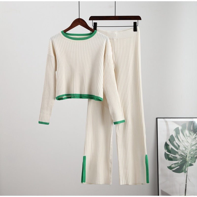 Elvaris | Dzianinowy komplet z krótkim swetrem i spodniami z szeroką nogawką