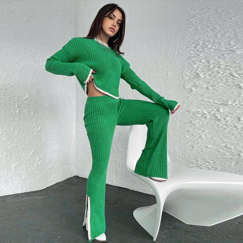 Elvaris | Dzianinowy komplet z krótkim swetrem i spodniami z szeroką nogawką