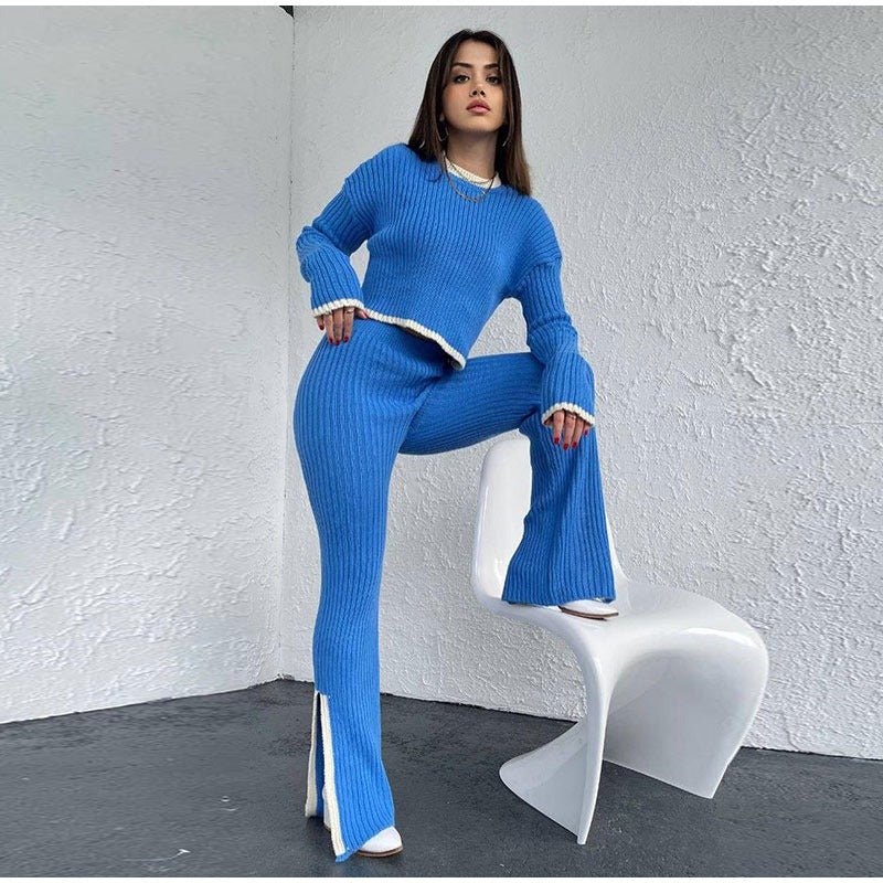 Elvaris | Dzianinowy komplet z krótkim swetrem i spodniami z szeroką nogawką