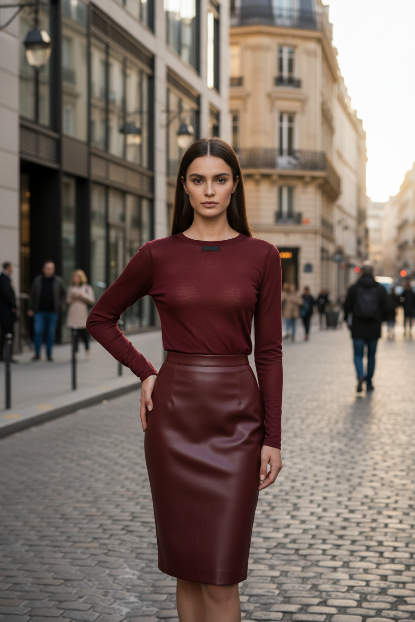 Outdoor lifestyle foto bordeauxrode leren rok