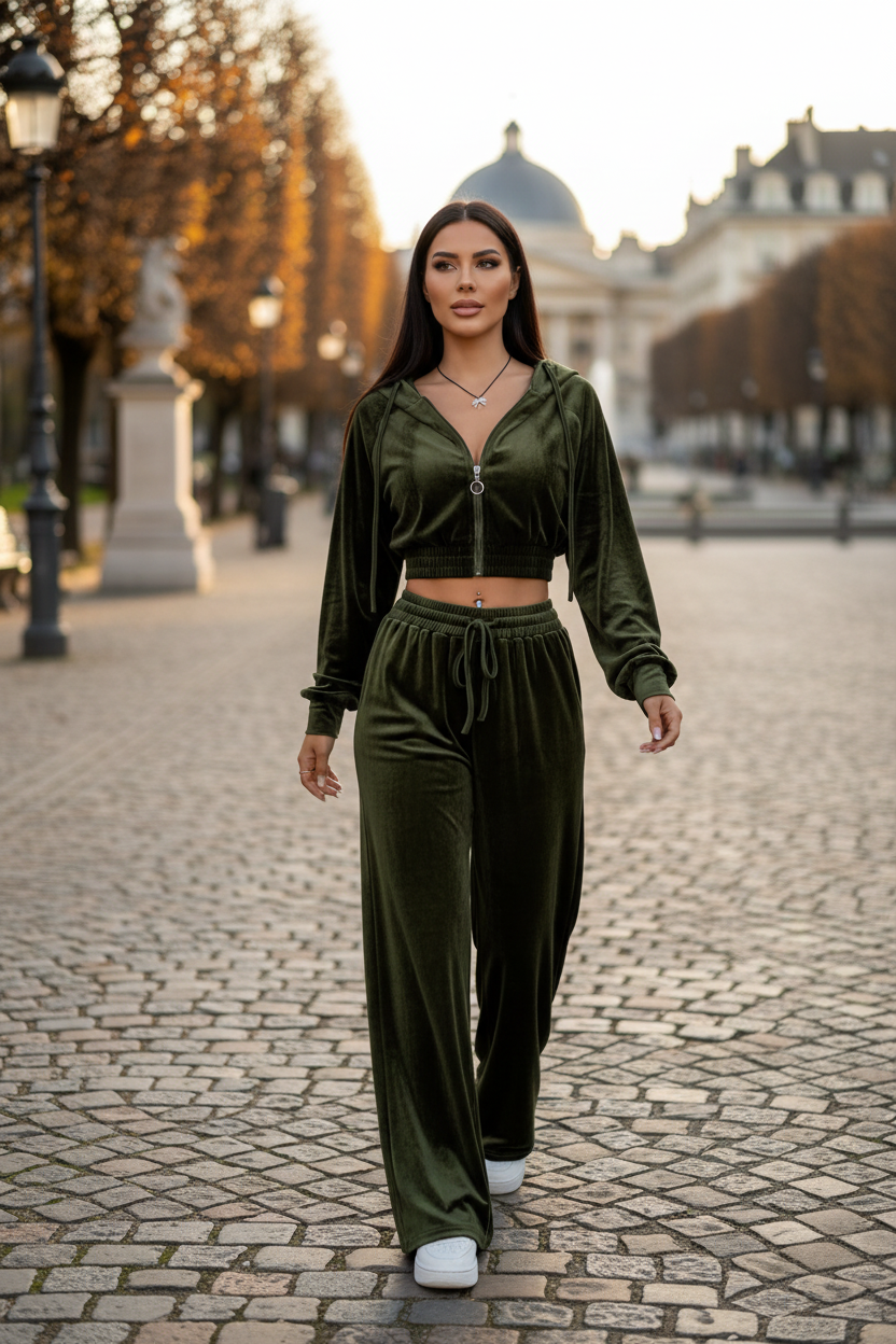 Outdoor lifestyle foto olijfgroene velours set