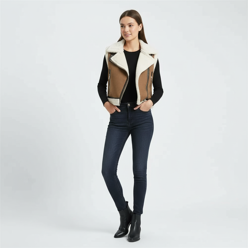 Studiofoto bruin leren vest met ritszakken