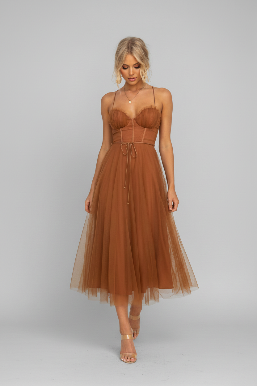 Tan Tulle Dress Grey Background